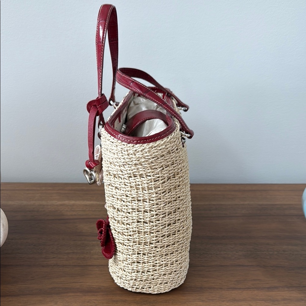 Brighton Patricia Straw Floral Deep Red Leather Handbag/Tote - Picture 6 of 16